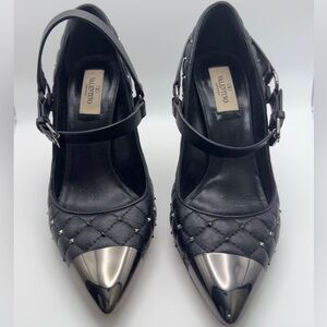 Valentino Garavani Nappa Rockstud Spike Pointed Mary Jane Pumps Heels 38 Black